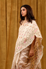 Off White Floral Embroidered Tissue Silk saree