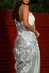Silver Grey Floral Embellished Tissue Silk Saree