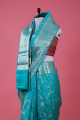 Sky Blue Floral Jaal Woven Chiniya Silk Saree - Chinaya Banaras