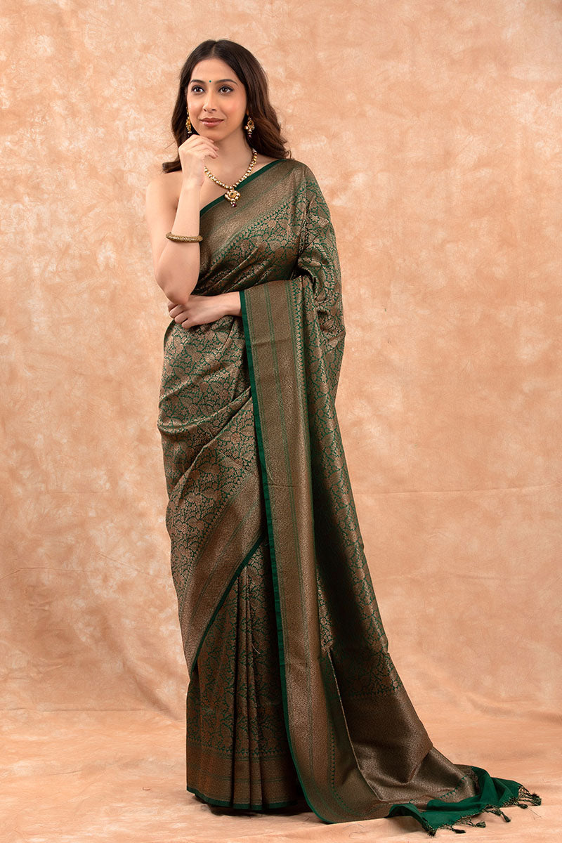 Forest Green Ethnic Woven Silk Saree - Main Image