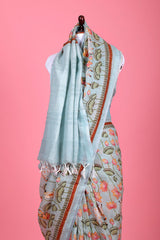 Powder Blue Pichwai Printed Linen Saree - Chinaya Banaras