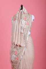 Beige Pichwai Embroidered Linen Saree - Chinaya Banaras
