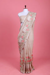 Beige Pichwai Embroidered Linen Saree for Pary