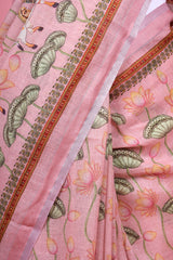Pink Linen Saree With Pichwai Print