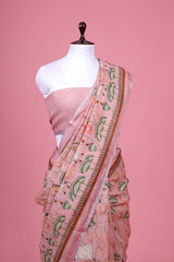 Pink Linen Saree With Pichwai Print