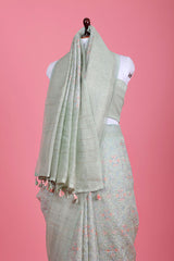 Powder Green Embroidered Linen Saree - Chinaya Banaras