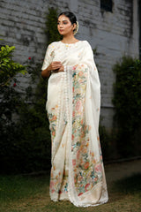 White & Multicolored Floral Printed Linen Saree