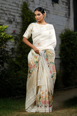 White & Multicolored Floral Printed Linen Saree