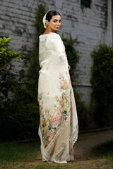 White & Multicolored Floral Printed Linen Saree