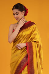 Mustard yellow Rangkat Handwoven Raw Silk Saree - Chinaya Banaras