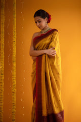 Mustard yellow Rangkat Handwoven Raw Silk Saree - Chinaya Banaras