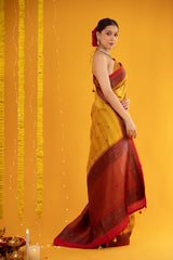 Mustard yellow Rangkat Handwoven Raw Silk Saree - Chinaya Banaras