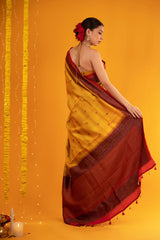 Mustard yellow Rangkat Handwoven Raw Silk Saree - Chinaya Banaras