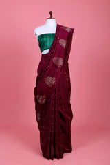 Wine Handwoven Raw Silk Saree At Chinaya Banaras