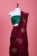 Wine Ethnic Handwoven Raw Silk Saree - Chinaya Banaras