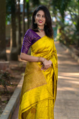 Alkananda Bodapaty In Mustard Yellow Ethnic Handwoven Raw Silk Saree - Chinaya Banaras