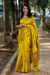 mustard yellow saree, raw silk saree, wedding saree, bridal saree, party wear saree