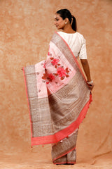 Rose Pink Handpainted Raw Silk Saree