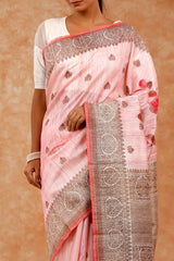 Rose Pink Handpainted Raw Silk Saree
