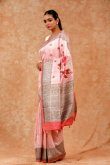 Rose Pink Handpainted Raw Silk Saree