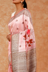Rose Pink Handpainted Raw Silk Saree