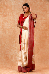 Off White & Red Handwoven Raw Silk Saree