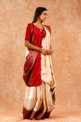 Off White & Red Handwoven Raw Silk Saree