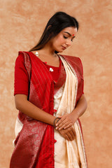 Off White & Red Handwoven Raw Silk Saree