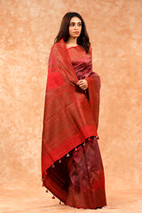 Rust Red Rangkat Handwoven Raw Silk Saree