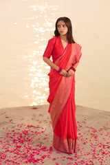 True Red Handwoven Crepe Khaddi Silk Saree - Chinaya Banaras