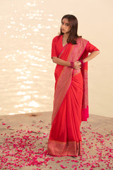 True Red Handwoven Crepe Khaddi Silk Saree - Chinaya Banaras