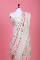 Off White Floral Meenakari Woven Tussar Khaddi Silk Saree - Chinaya Banaras