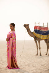 Rose Pink Floral Jaal Woven Georgette Khaddi Silk Saree - Chinaya Banaras