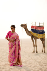 Women In Pink Woven Georgette Khaddi saree At Chinaya Banaras