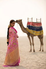 Rose Pink Floral Jaal Woven Georgette Khaddi Silk Saree - Chinaya Banaras