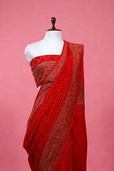 Red Ethnic Woven Crepe Khaddi Silk Saree - Chinaya Banaras