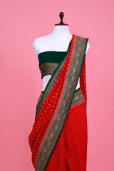 Red Ethnic Handwoven Georgette Khaddi Silk Saree - Chinaya Banaras