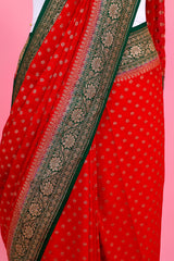 Red Ethnic Handwoven Georgette Khaddi Silk Saree - Chinaya Banaras