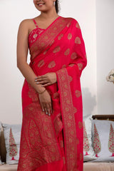 Red Crepe Khaddi Silk Saree with Antique Zari Work