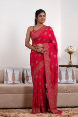 Red Crepe Khaddi Silk Saree with Antique Zari Work