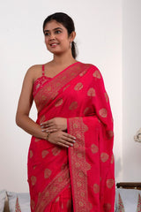 Red Crepe Khaddi Silk Saree with Antique Zari Work