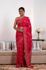 Red Crepe Khaddi Silk Saree with Antique Zari Work