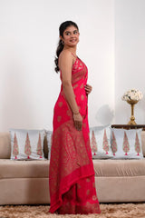 Red Crepe Khaddi Silk Saree with Antique Zari Work