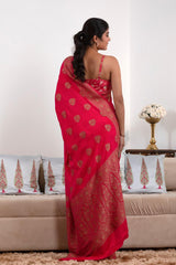 Red Crepe Khaddi Silk Saree with Antique Zari Work