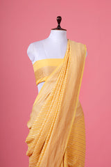 Deep Yellow Striped Woven Georgette Khaddi Silk Saree