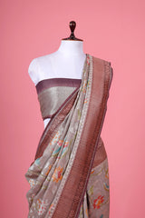 Grey Floral Jaal Handwoven Tussar Khaddi Silk Saree