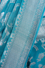 Sky Blue Floral Jaal Handwoven Tussar Khaddi Silk Saree