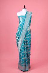 Blue Floral Jaal Handwoven Silk Saree By Chinaya Banaras