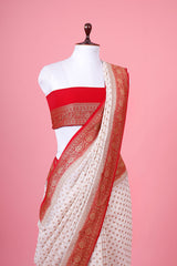 White & Red Ethnic Handwoven Georgette Khaddi Silk Saree