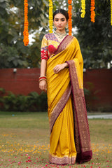 Crepe Saree, Crepe silk saree, silk saree, yellow saree, wedding saree, party wear saree
